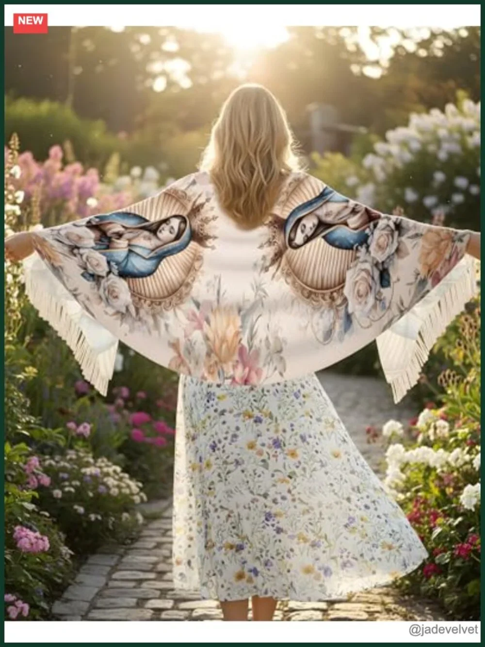 Extra Large Prayer Shawl Wrap - Christian Virgin Mary Scarf with Rose Pattern